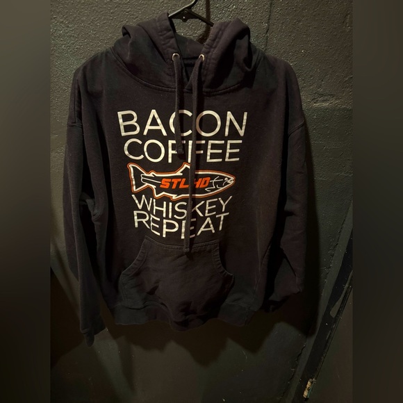 Men’s Sthld Bacon Coffee Whiskey Repeat Black Pullover Hoodie Size Large - Picture 1 of 4